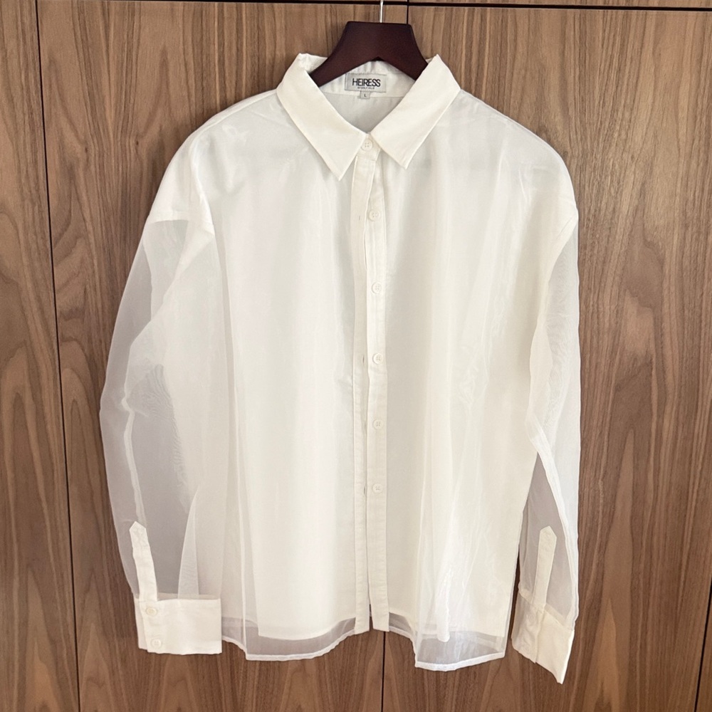 HEIRESS White Sheer Button-Front Blouse